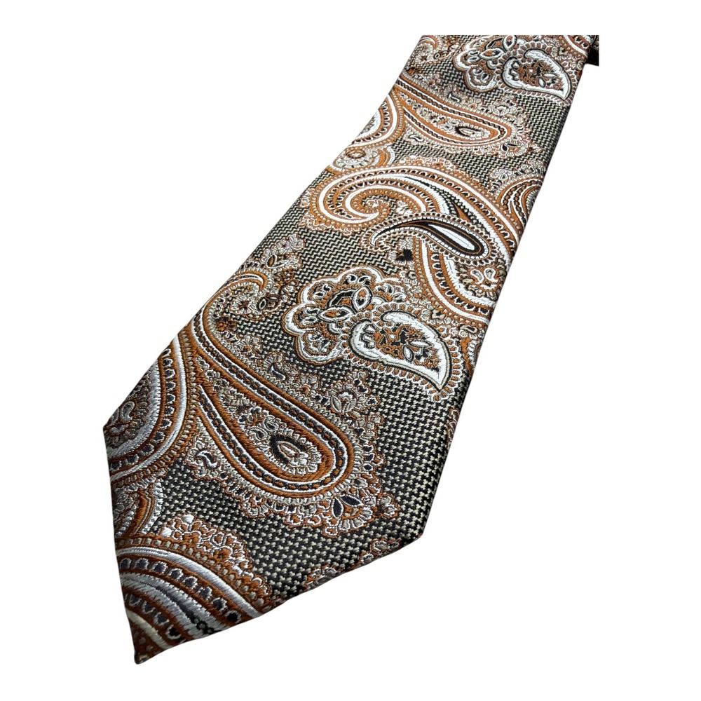Jos A Bank Reserve Mens Silk Paisley Tie Grey Copper Silver Woven Jacquard